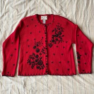 Vintage Heirloom Collectibles Embroidered Beaded Red Black Cardigan Sweater